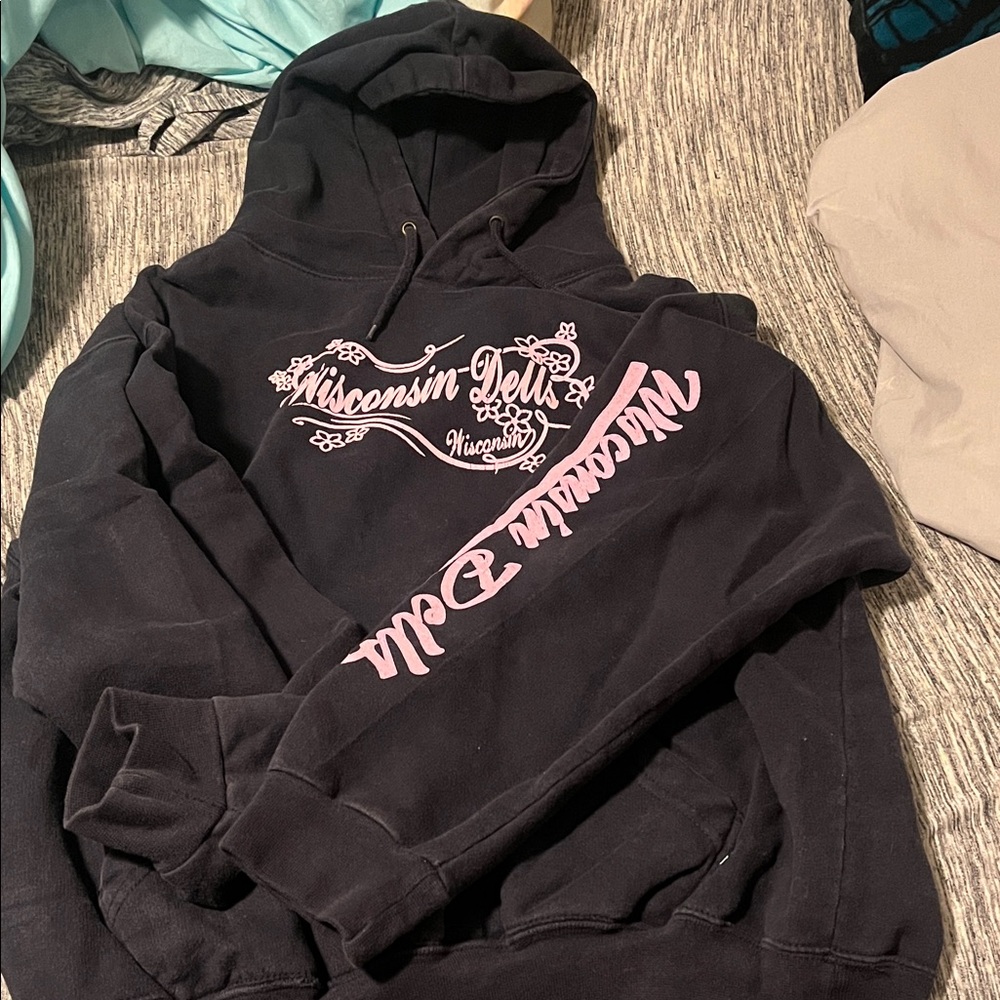 Wisconsin Dells Black Hoodie with Pink Logo